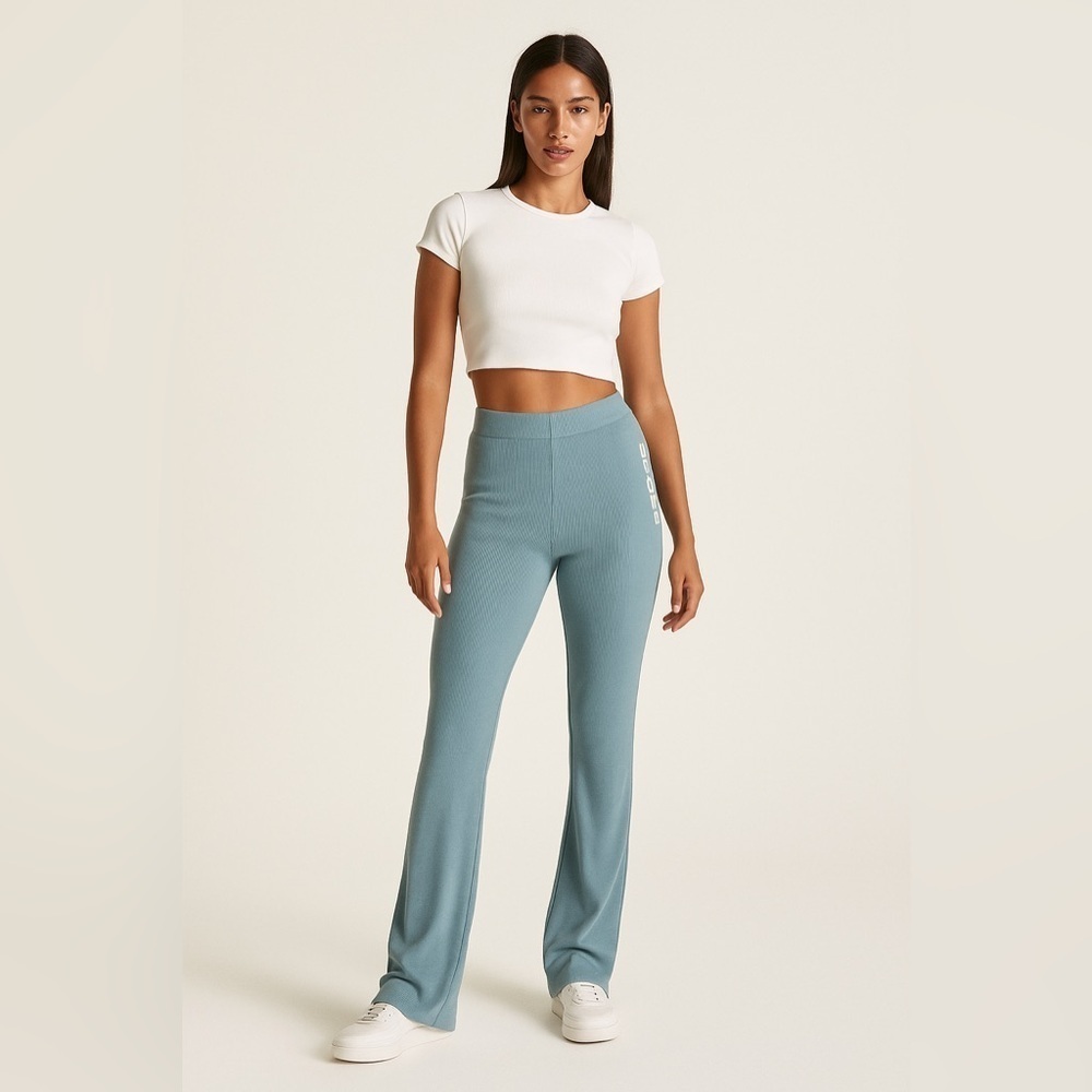 Zara Ribbed Flare Pants Blue Green High Rise Pull On 70s Knit NWT Medium